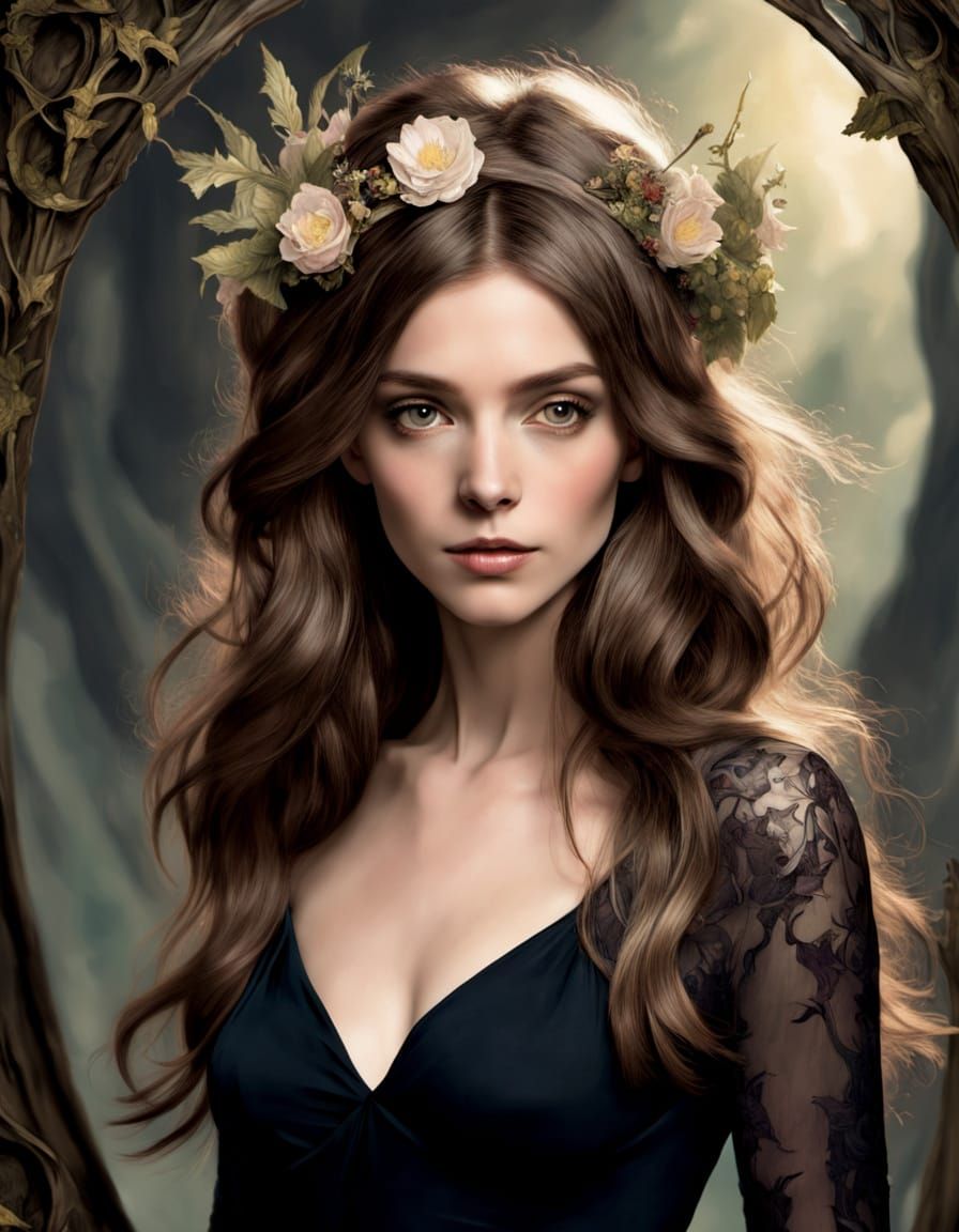 Whimsical Forest Queen in Art Nouveau Style