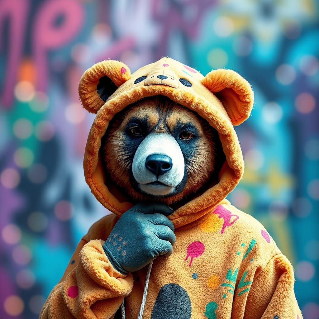 Person in Bear Onesie Posing for Picture in Vibrant Graffiti...