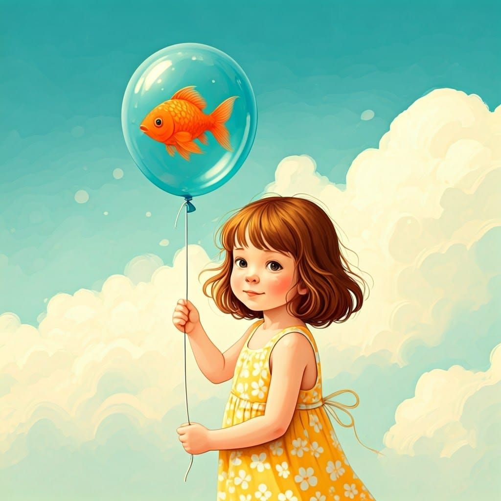 Whimsical Child with Balloon and Fish in Dreamy Blue Sky