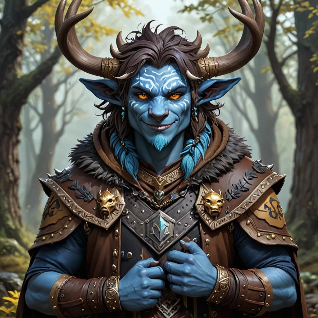 Friendly Smiling Firbolg Druid Portrait in Forest