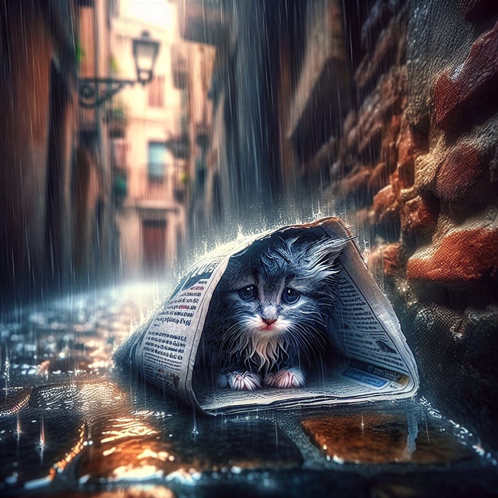 Melancholic Kitten Sheltering from Rain in Alley
