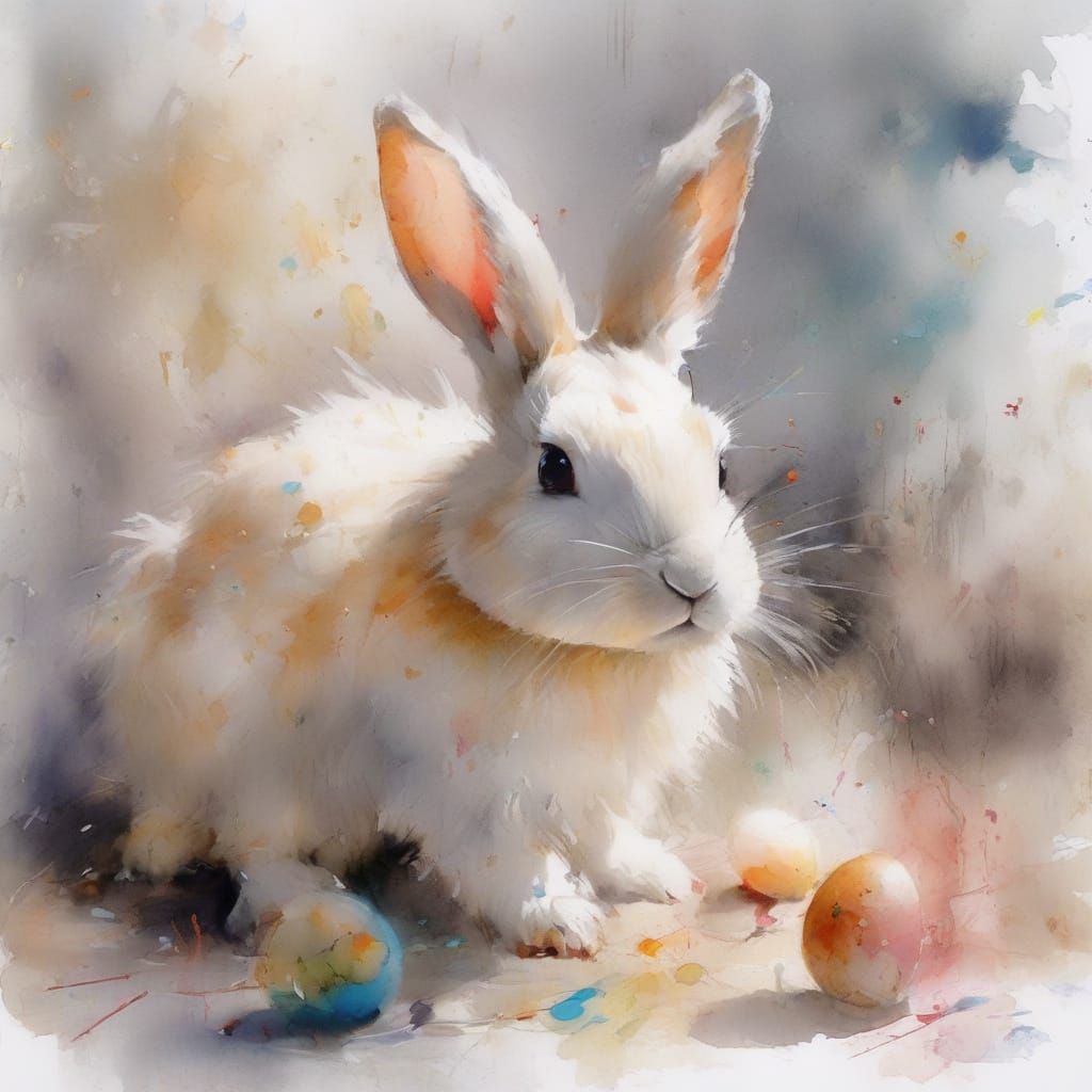 Ethereal Dance of Eggs and Bunnies in Whimsical Watercolour