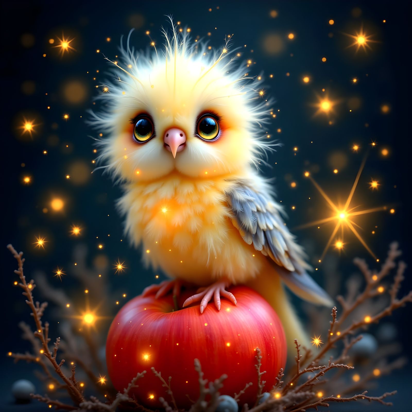 Cute Baby Parrot on Apple with Fireflies