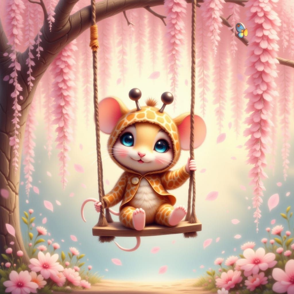 Joyful Mouse in Giraffe Costume on Cherry Blossom Swing