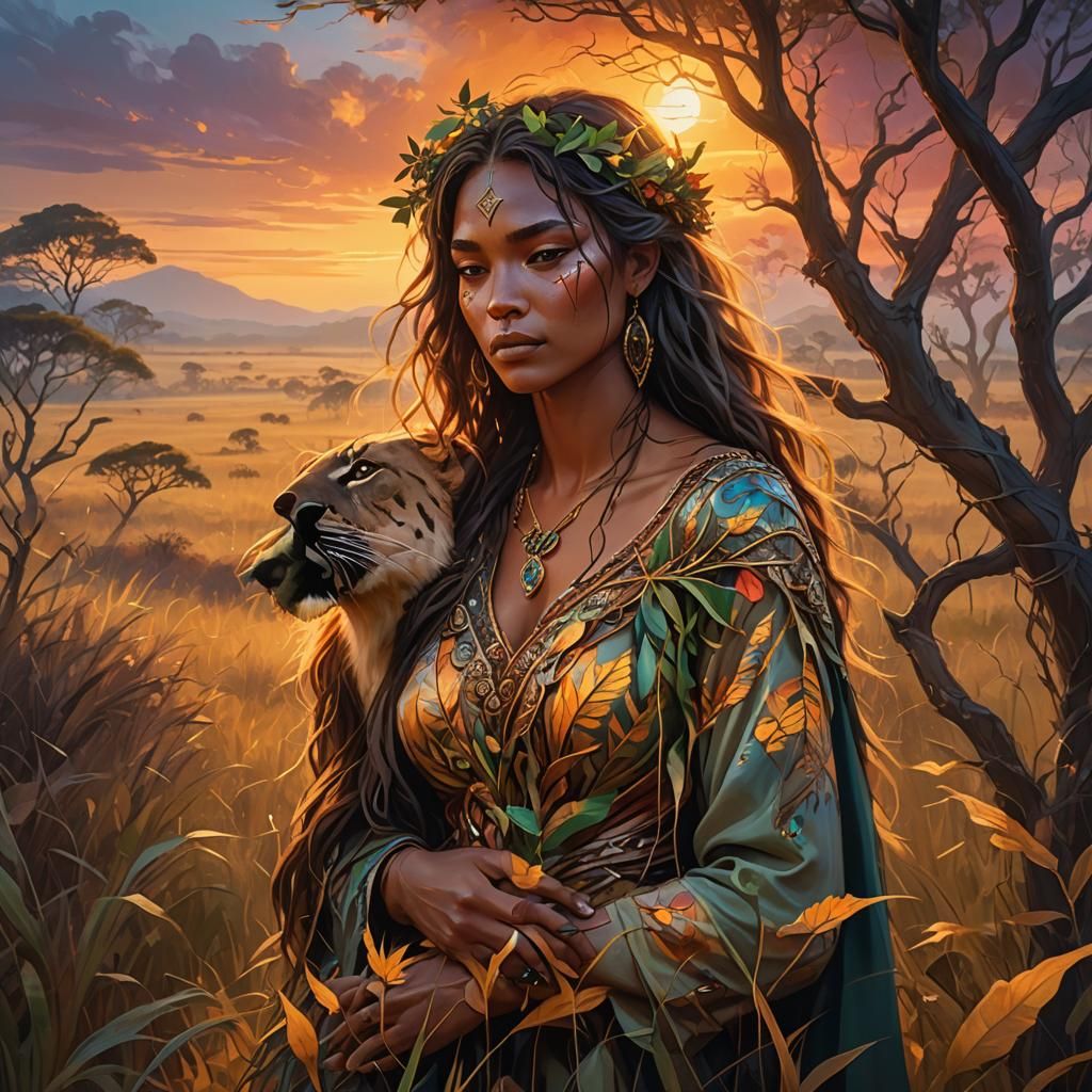 Savannah Spirit Embrace: A Surreal Oil Painting