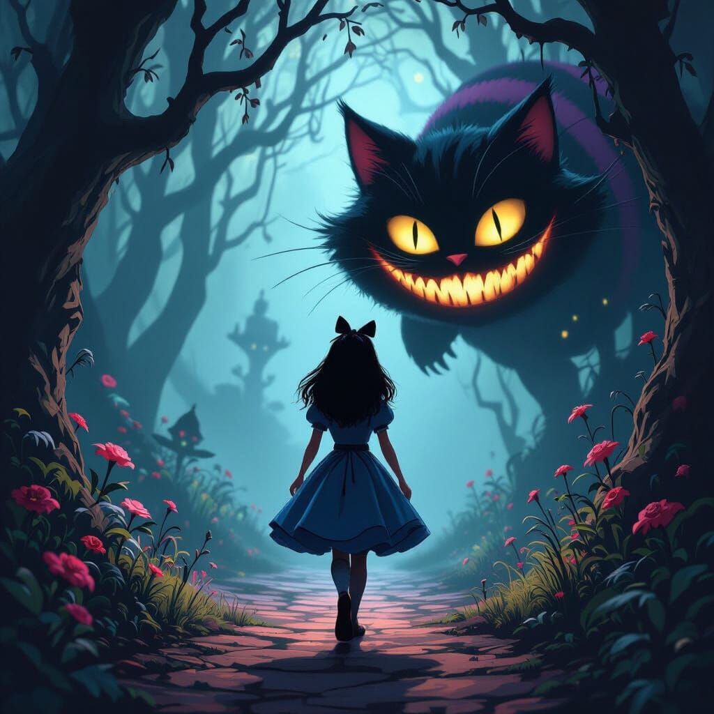 Dark Alice in Wonderland with Ominous Cheshire Cat