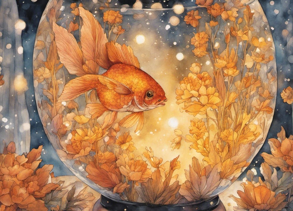 Goldfish and Fairy Lights in Watercolor Style
