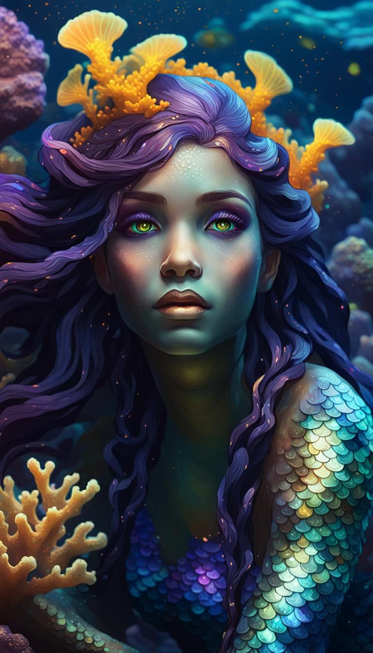 Underwater Mermaid on Coral Reef in Dark Fantasy Style