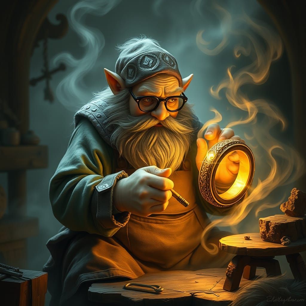 Dwarf Craftsman Creates Diamond Ring in Dreamlike Scene