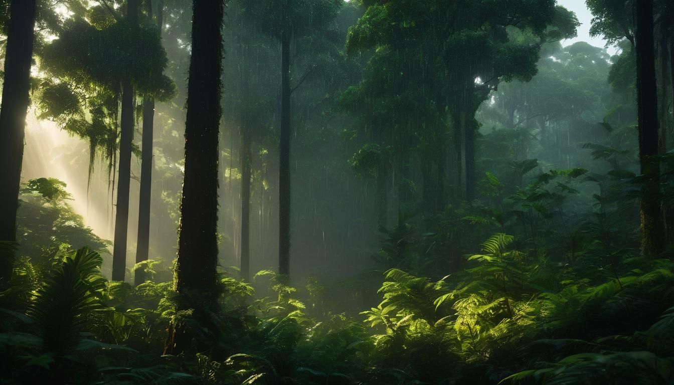 Ethereal Sunset Light Through Rainforest Trees