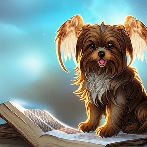 Hyperrealistic Shorkie Angel with Books