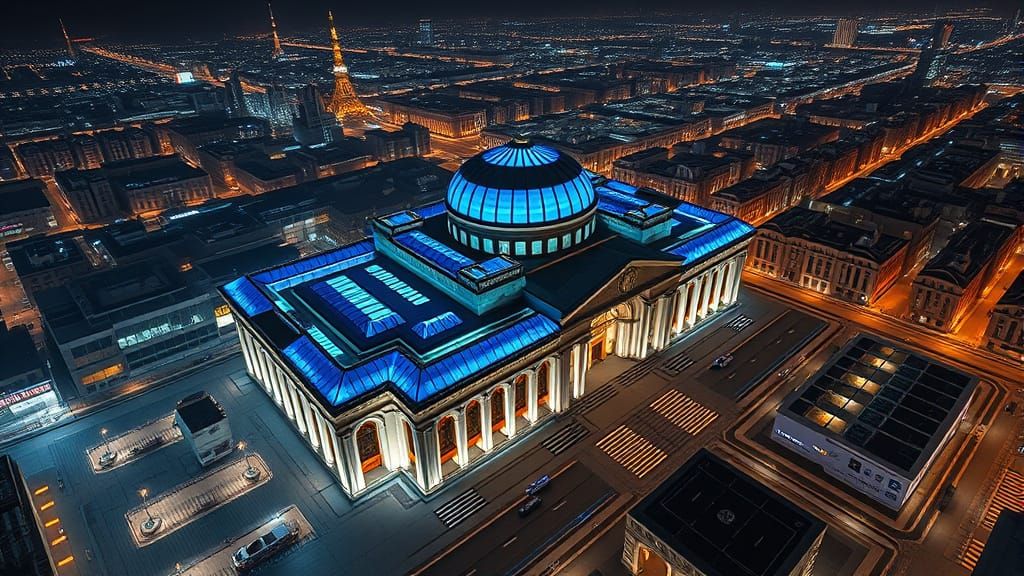 Futuristic Central Bank with Sapphire Blue Roofs