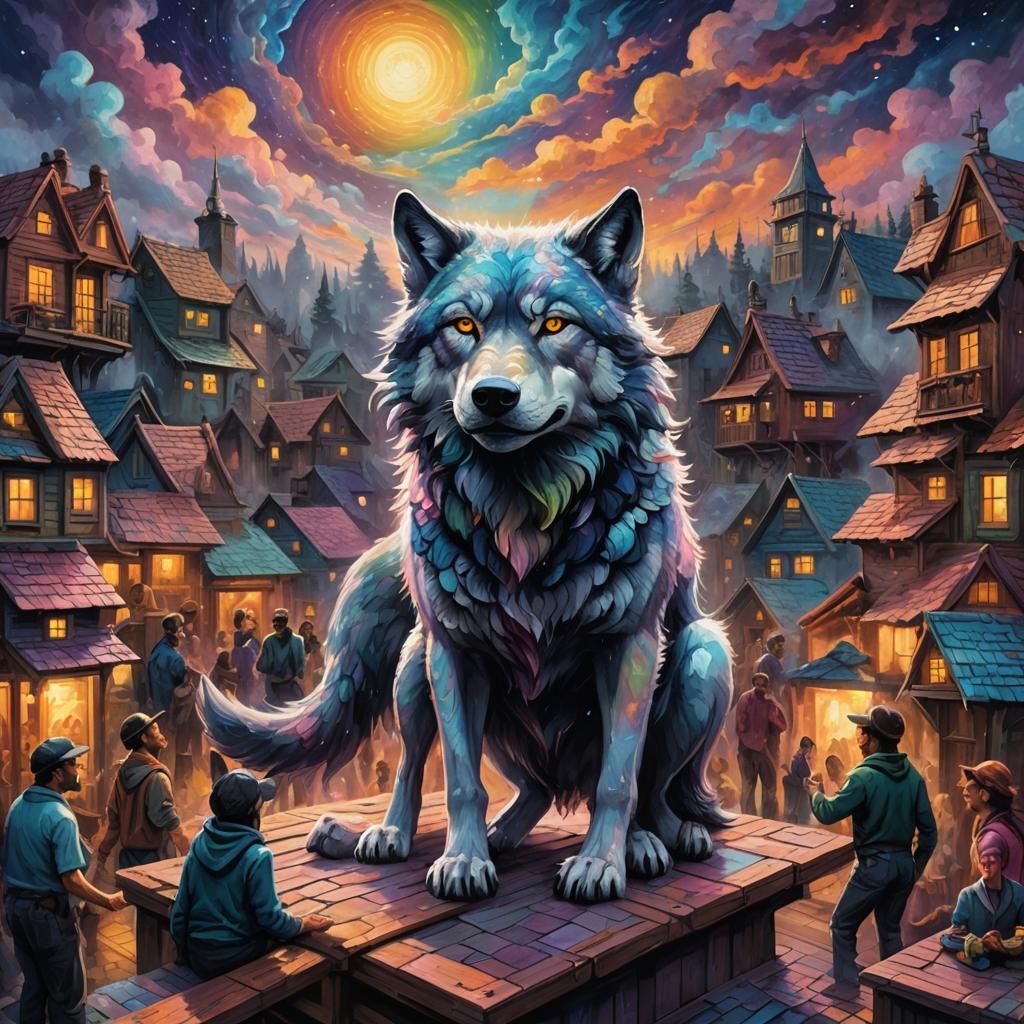 Wolf-Human Party on Rooftop in Expressionist Style