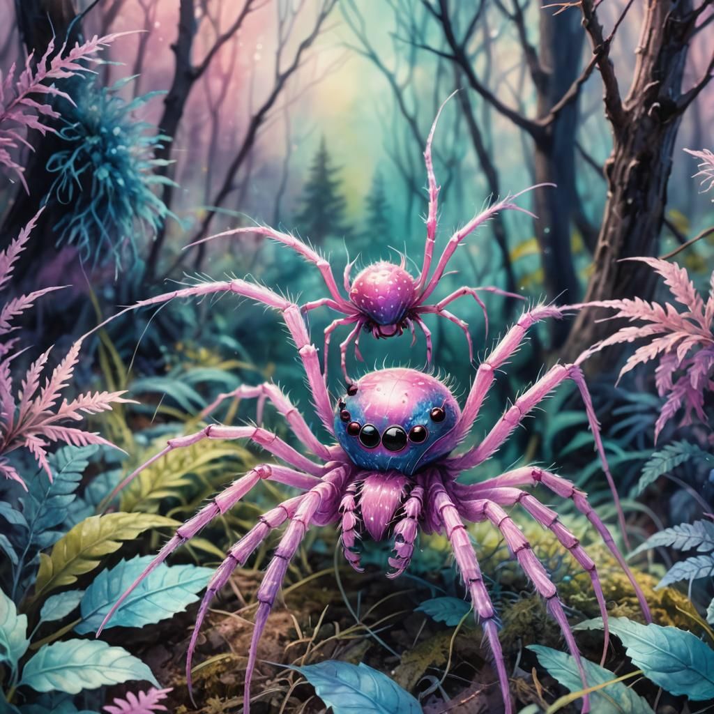 Cute Pink Spider in Watercolor Fantasy Forest