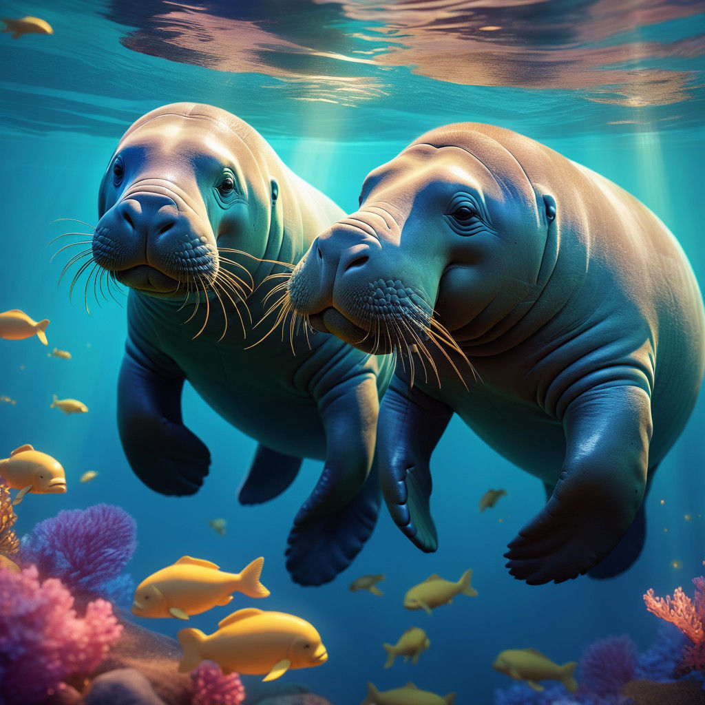 Whimsical Anime-Inspired Manatee Mother and Calf in a Vibran...