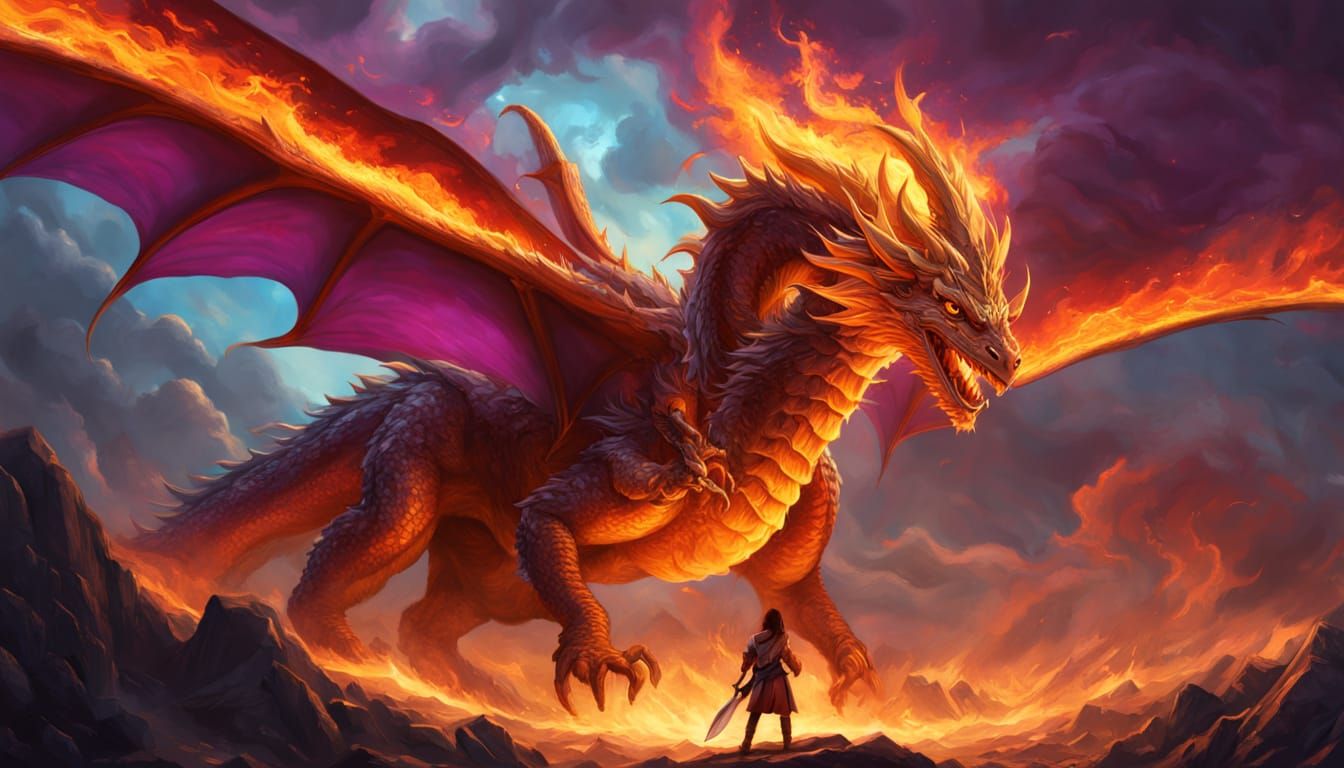Majestic Warrior Rides Eastern Fire Dragon in Stormy Skies
