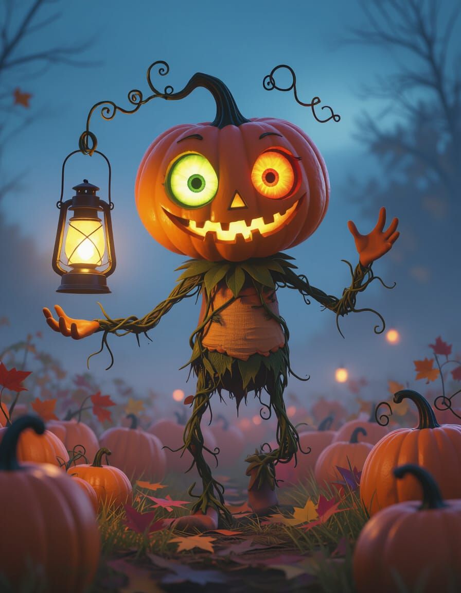 Whimsical Pumpkin Creature With Glowing Eyes and Lantern