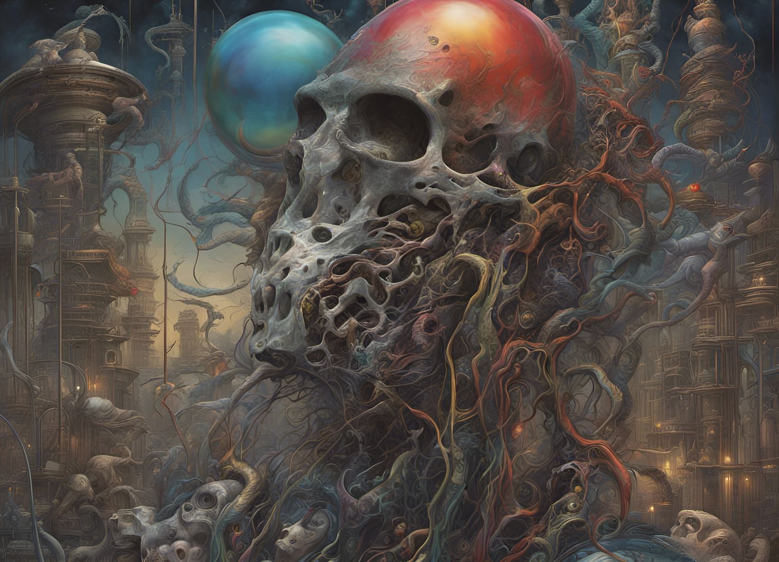 Biomechanical Cybernetic Skull with Fractal Wiring