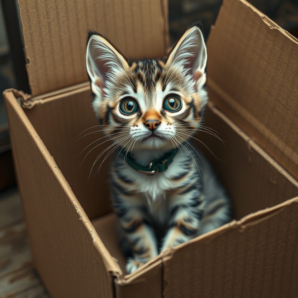Hyperrealistic Kitten in Cardboard Box, Detailed Textures