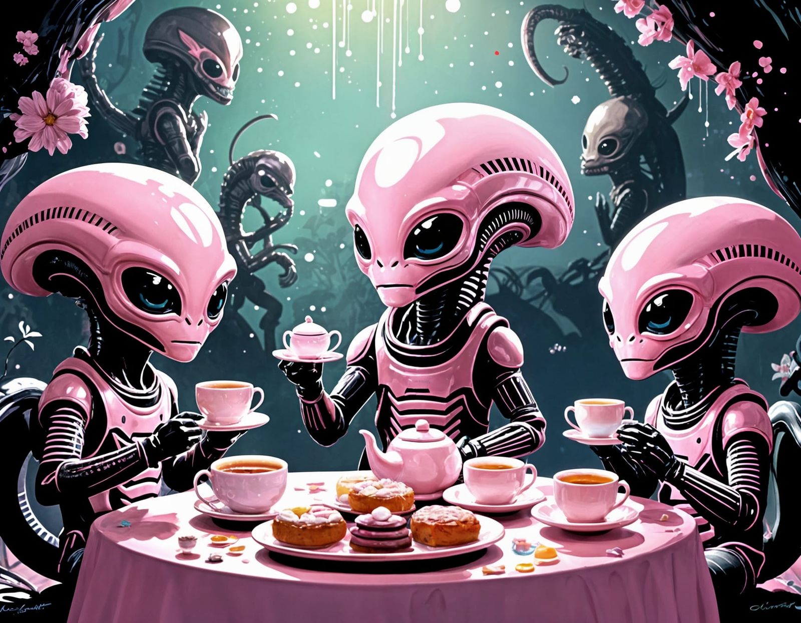 Chibi Xenomorph Tea Party: Adorable Concept Art
