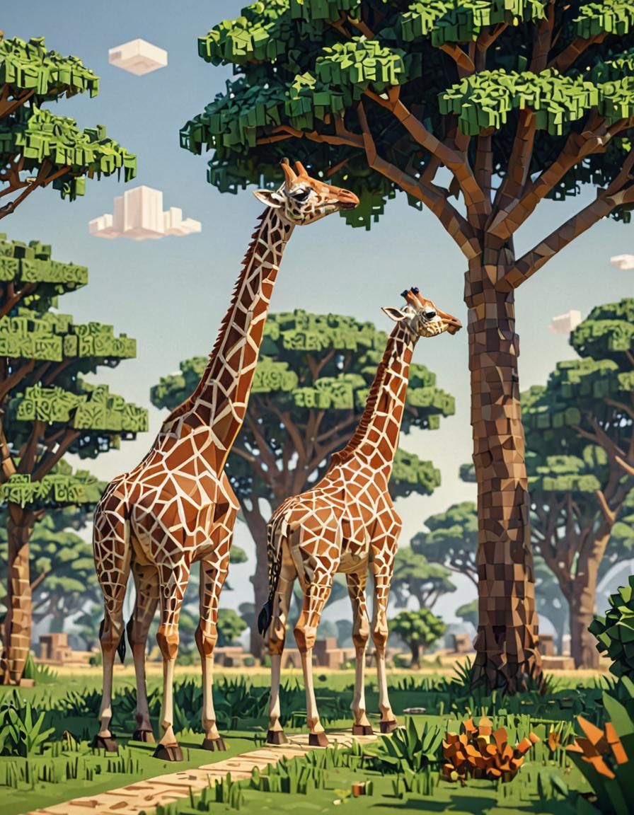 Geometric Giraffe Family Explores Vibrant African Landscape
