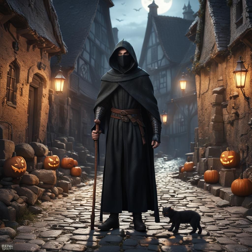 Dark Cloaked Figure in Medieval Halloween Town