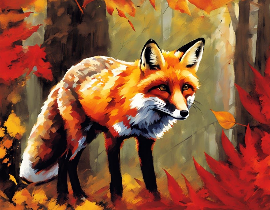 Vibrant Autumn Fox in Whimsical Oil Painting