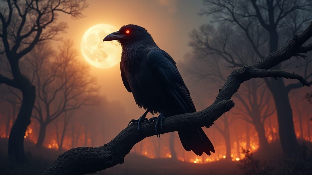 Majestic Raven Silhouetted Against Burning Forest