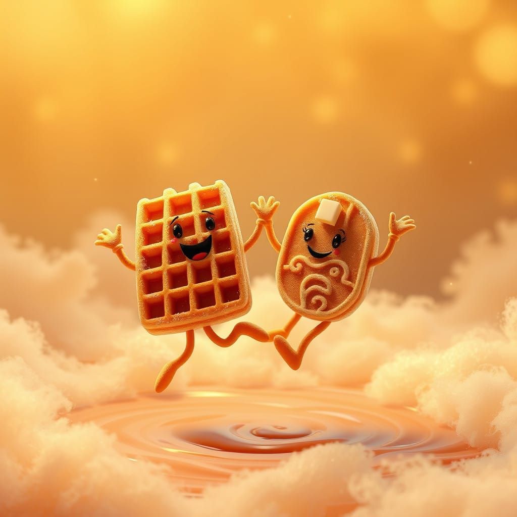 Whimsical Breakfast Duo in Vibrant Dreamlike Environment