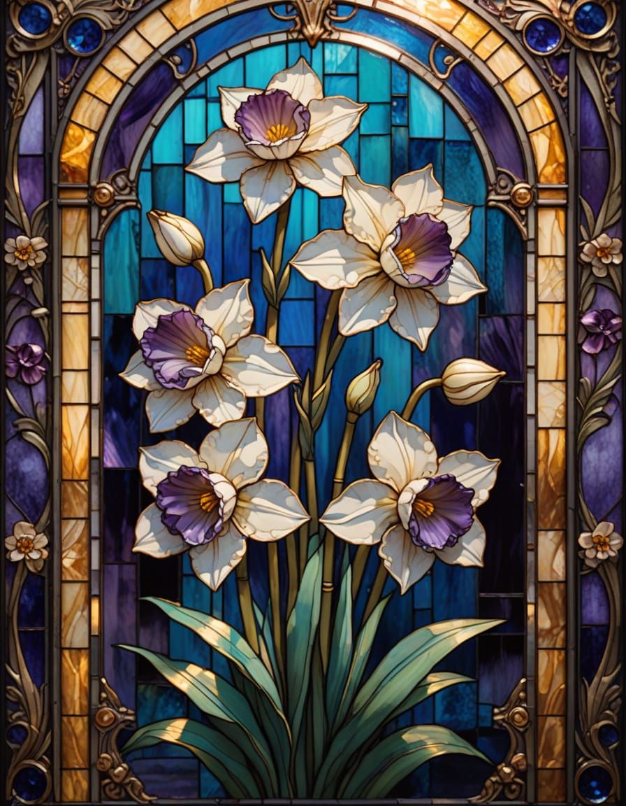 Art Deco Floral Artwork with Gold Leaf and Stained Glass