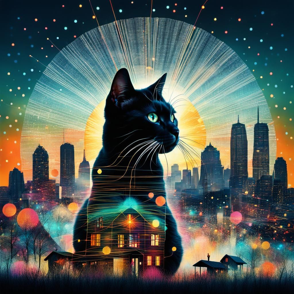 Surreal Double Exposure Art: Cat in Cityscape