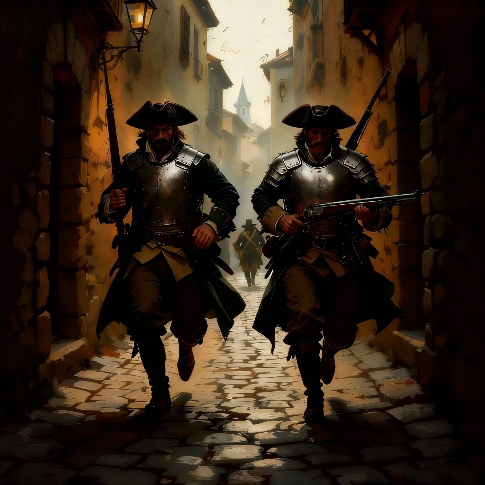 18th Century Militiamen Sprinting Down Stone Alley