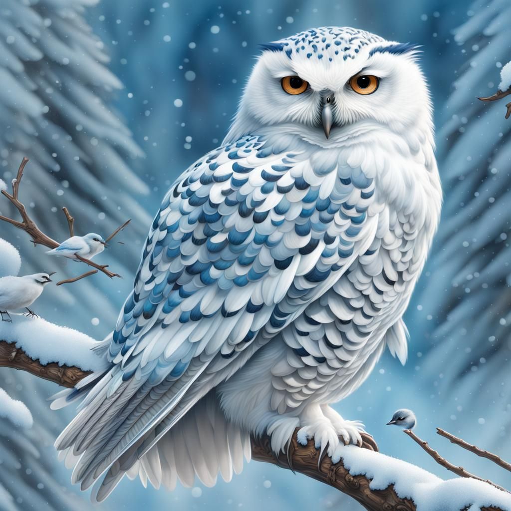 Snowy Owl with Flowing Tail of Bluebirds