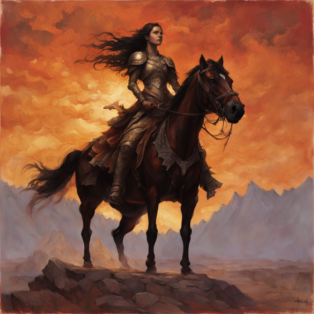 Majestic Warrior Woman in Fiery Red Sky with Ornate Armor