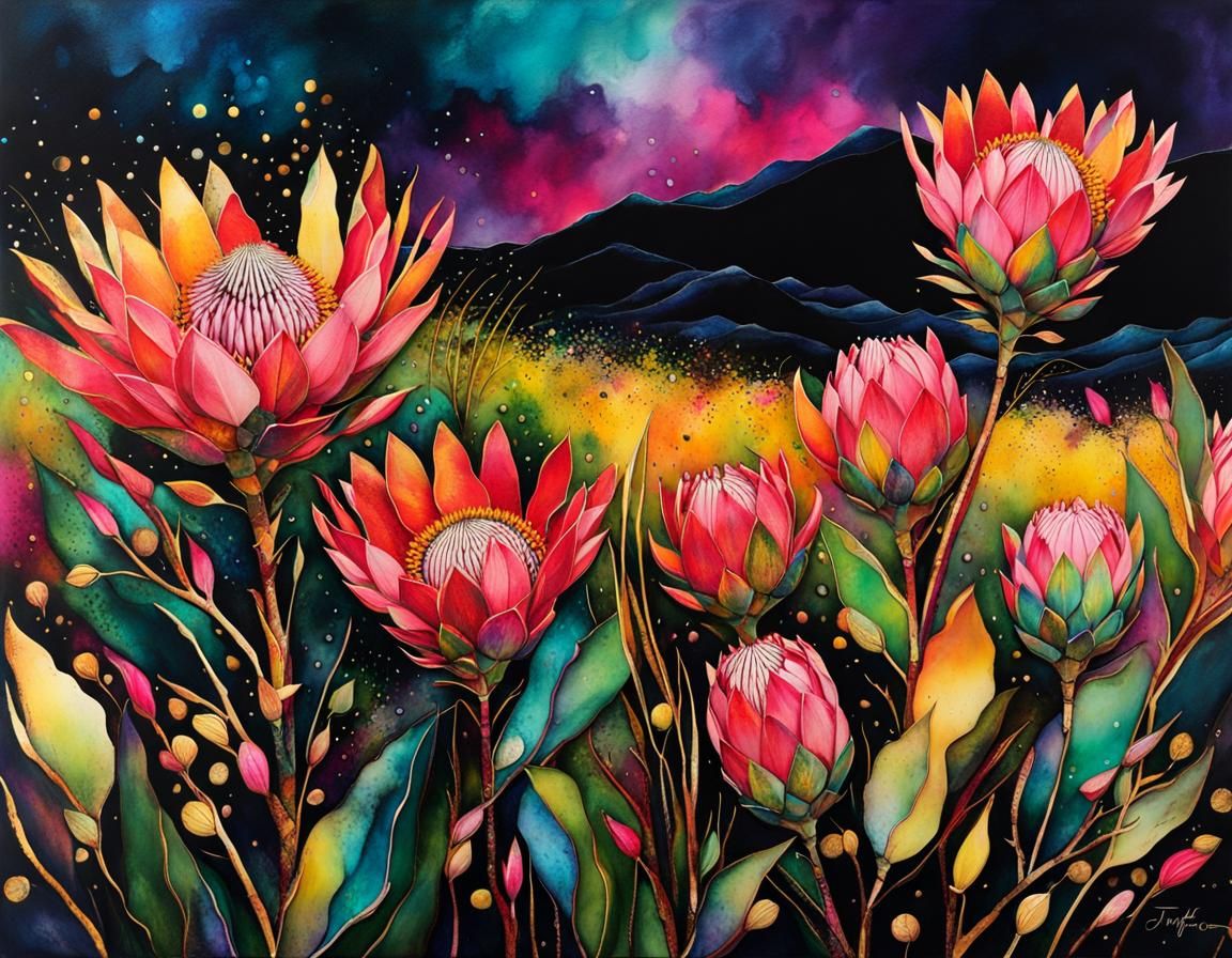 Rain Over King Proteas: Alcohol Ink Fantasy