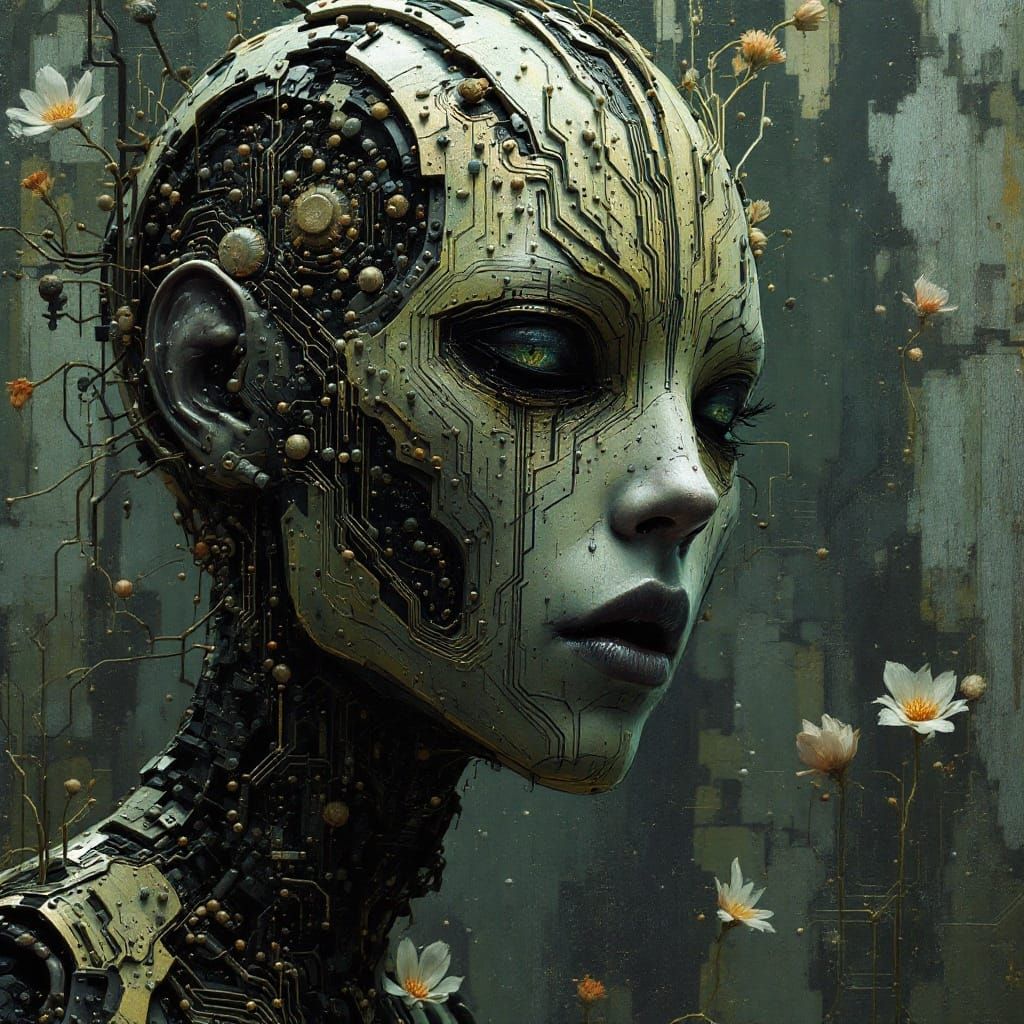 Surreal Botanical Cyborg in Moody Brutalist Style