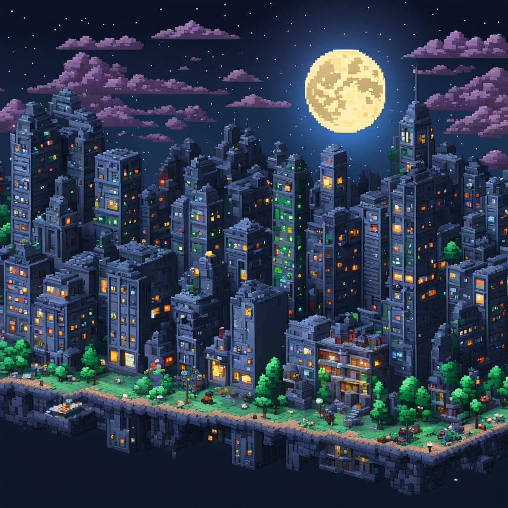 Pixel Art 8-Bit Cityscape Under a Full Moon
