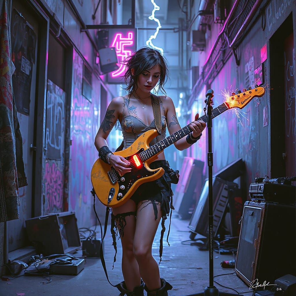 Punk Rock Guitarist in Cyberpunk Alleyway