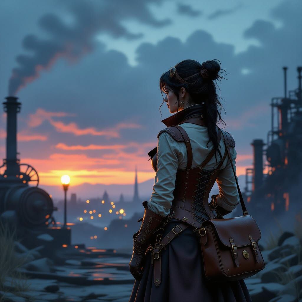 Steampunk Traveler in Industrial Wasteland, Hyperrealistic S...
