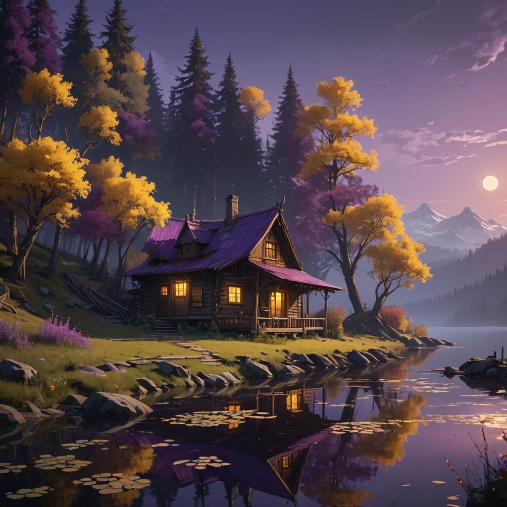 Eerie Lakeside Cabin in Dark Fantasy Style
