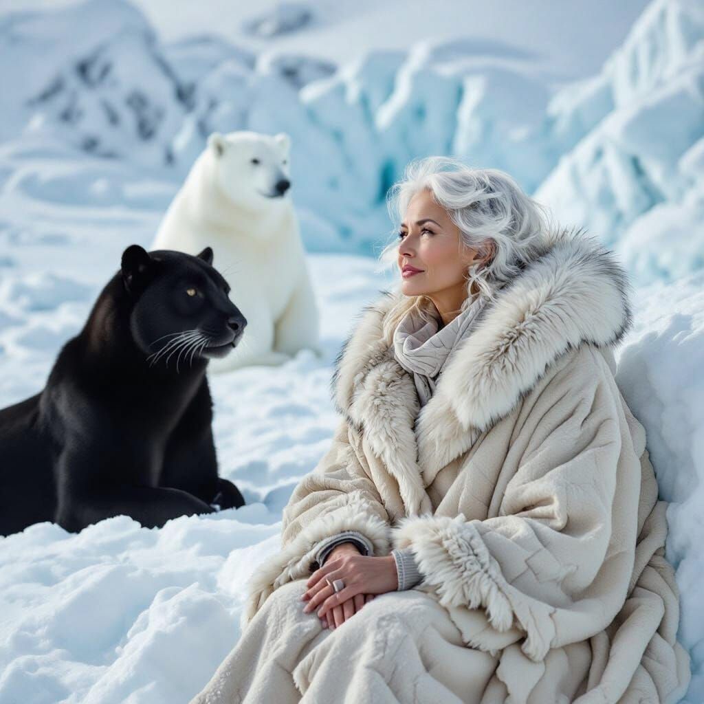 Woman with Panthers in Realistic Style