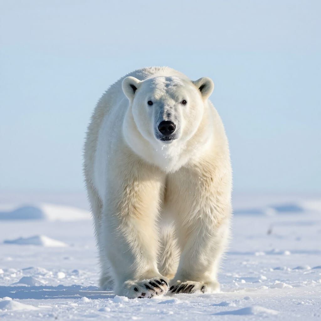 Hyperrealistic Polar Bear Walks Towards Viewer in Arctic Sno...
