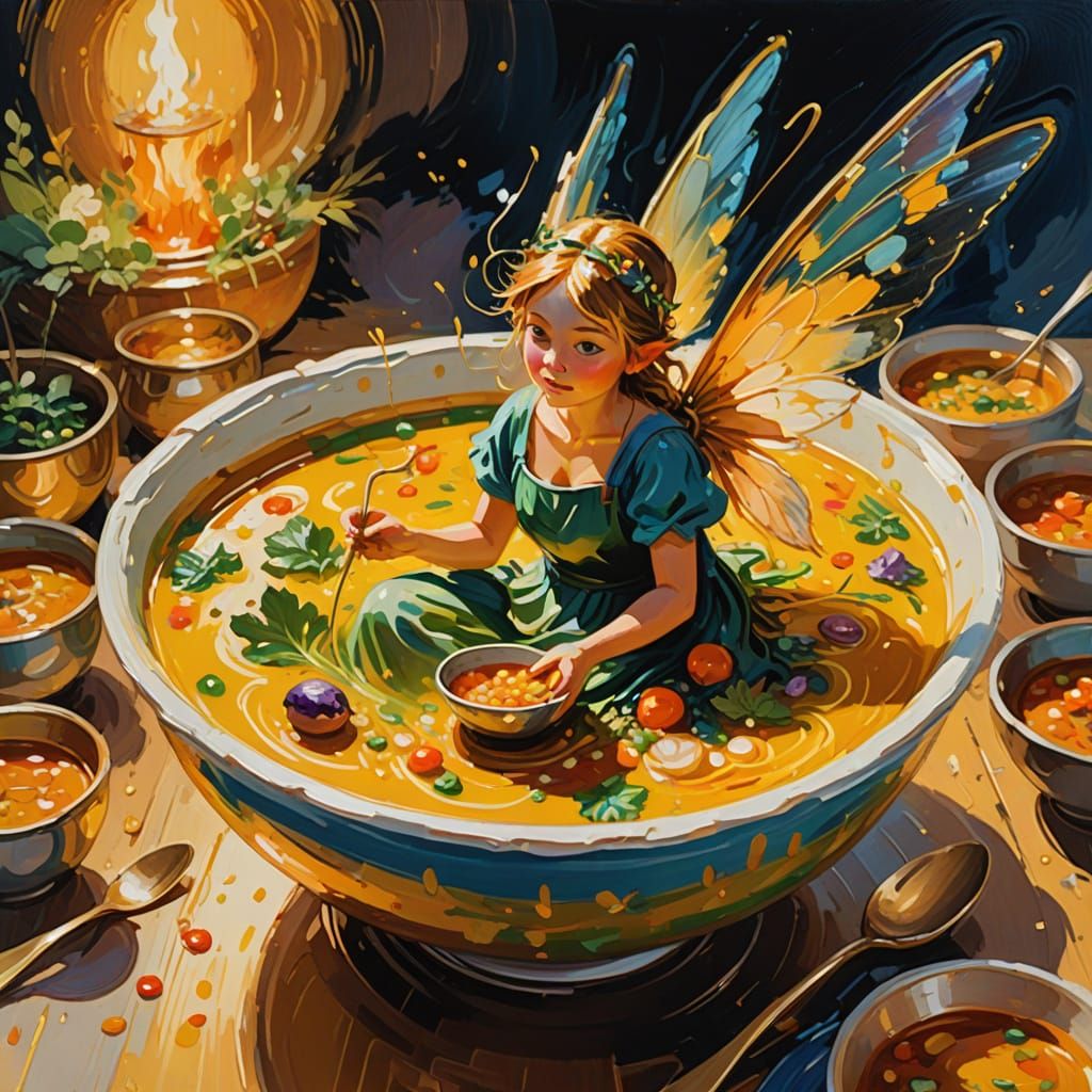 Fairy in Soup Bowl Gouache Impressionist Painting