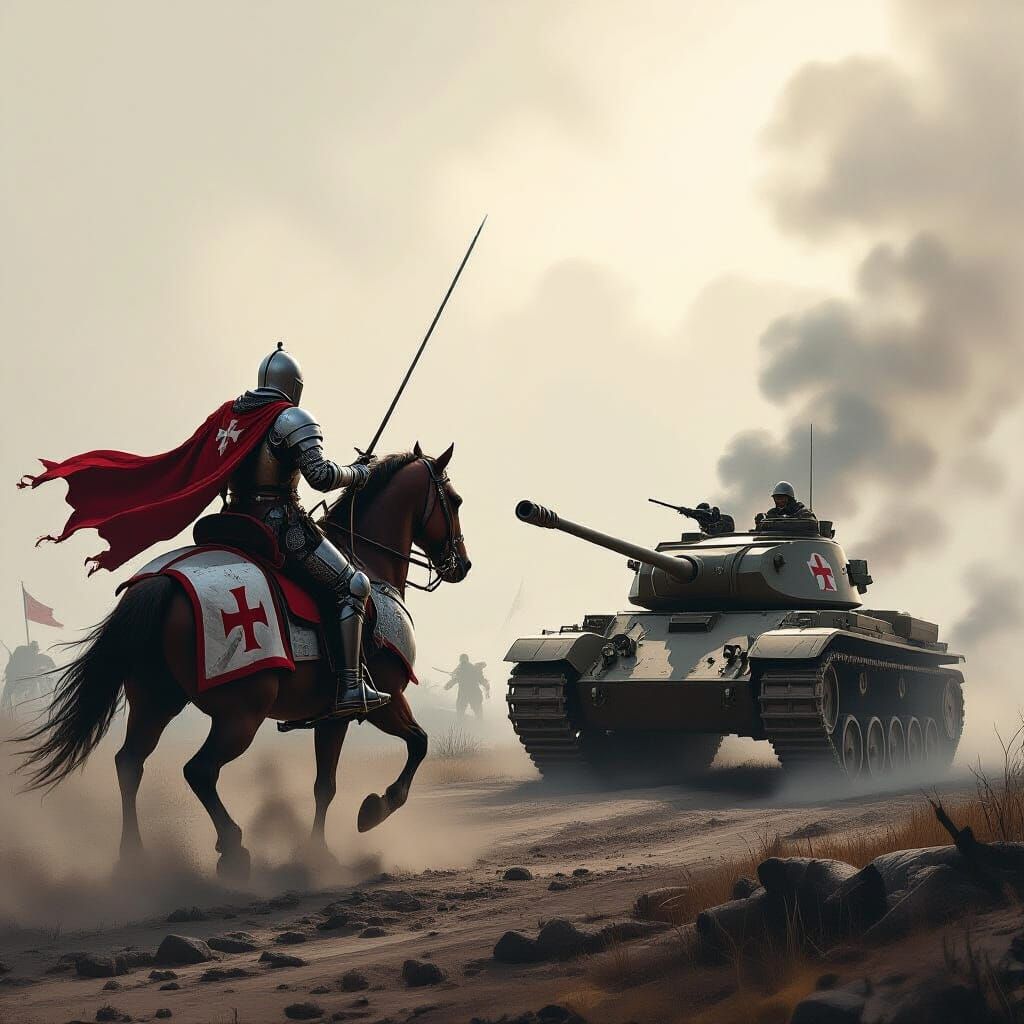 Knight Templar Charges Tank in Battlefield Scene