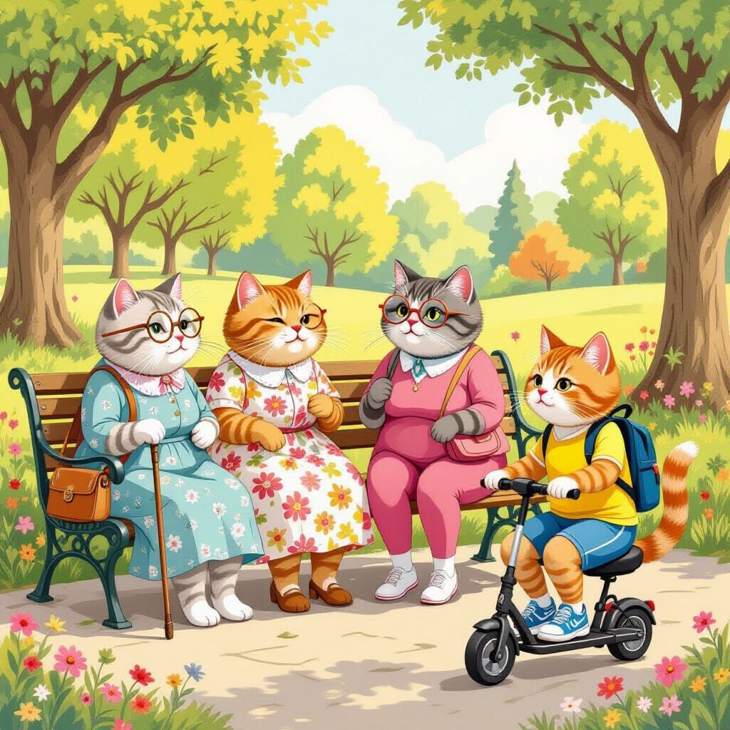 Cats in Country Park as Whimsical Storybook Illustration