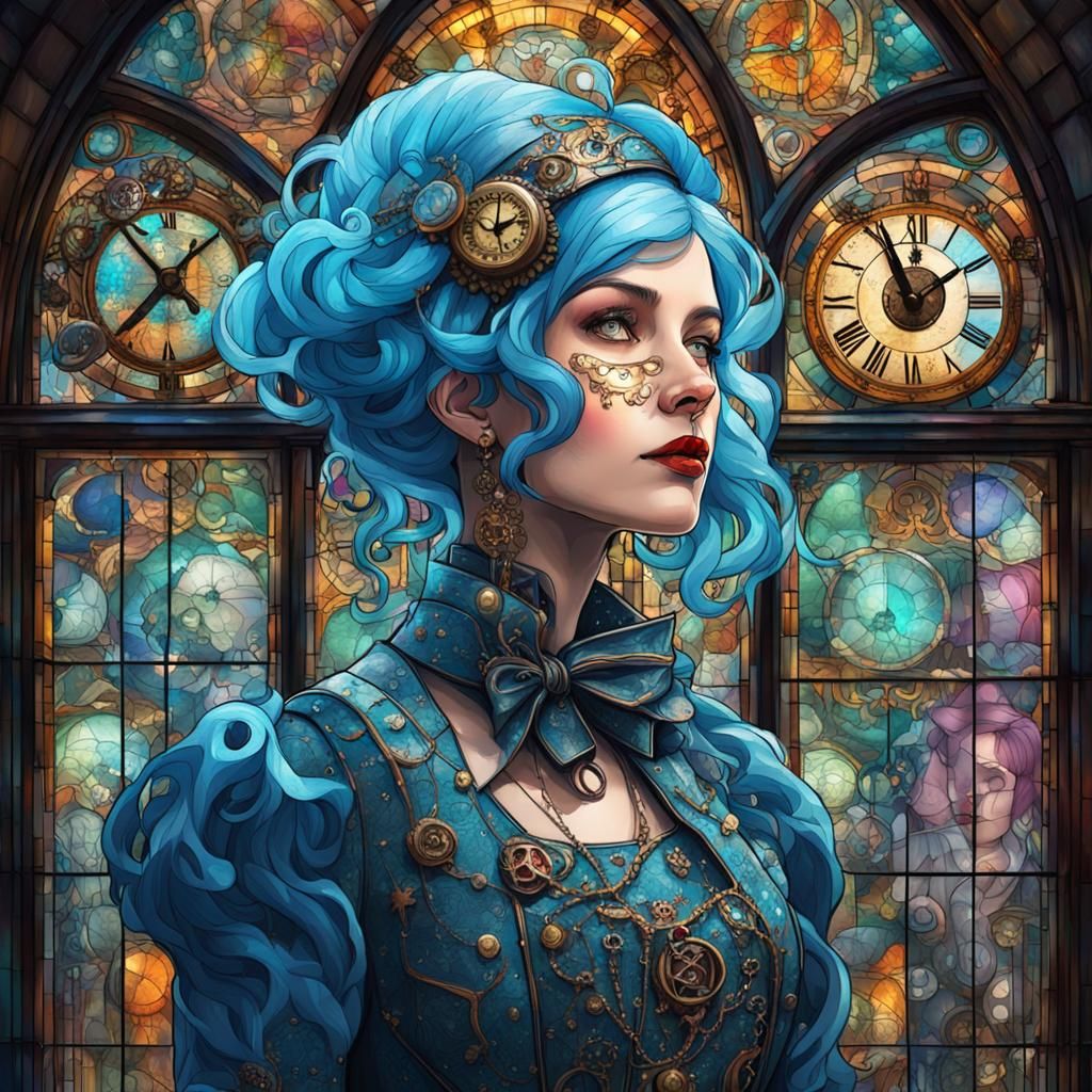 Steampunk Victorian Woman Before Galaxy Stained Glass