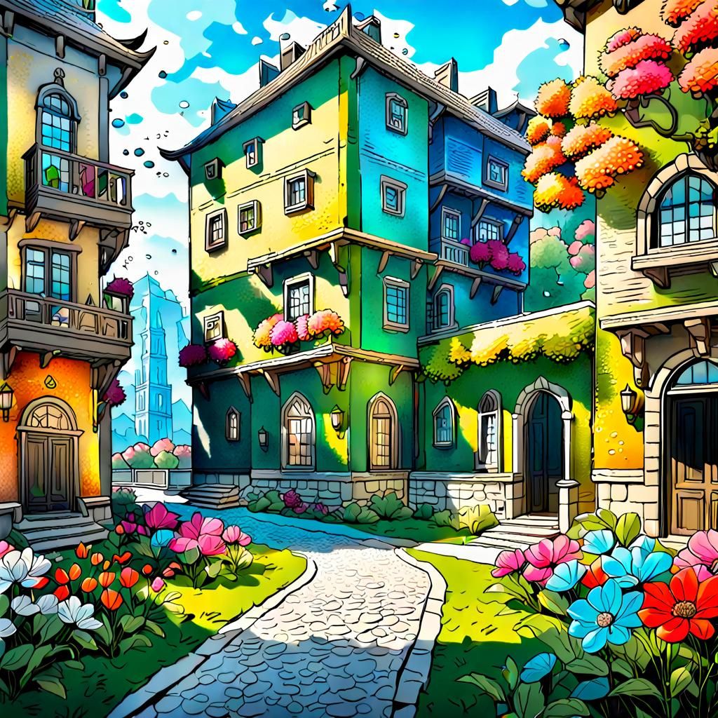 Fantasy Cityscape with Floral Elements in Anime Style