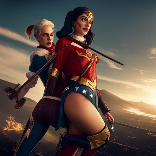 Wonder woman spanking Harley Quinn