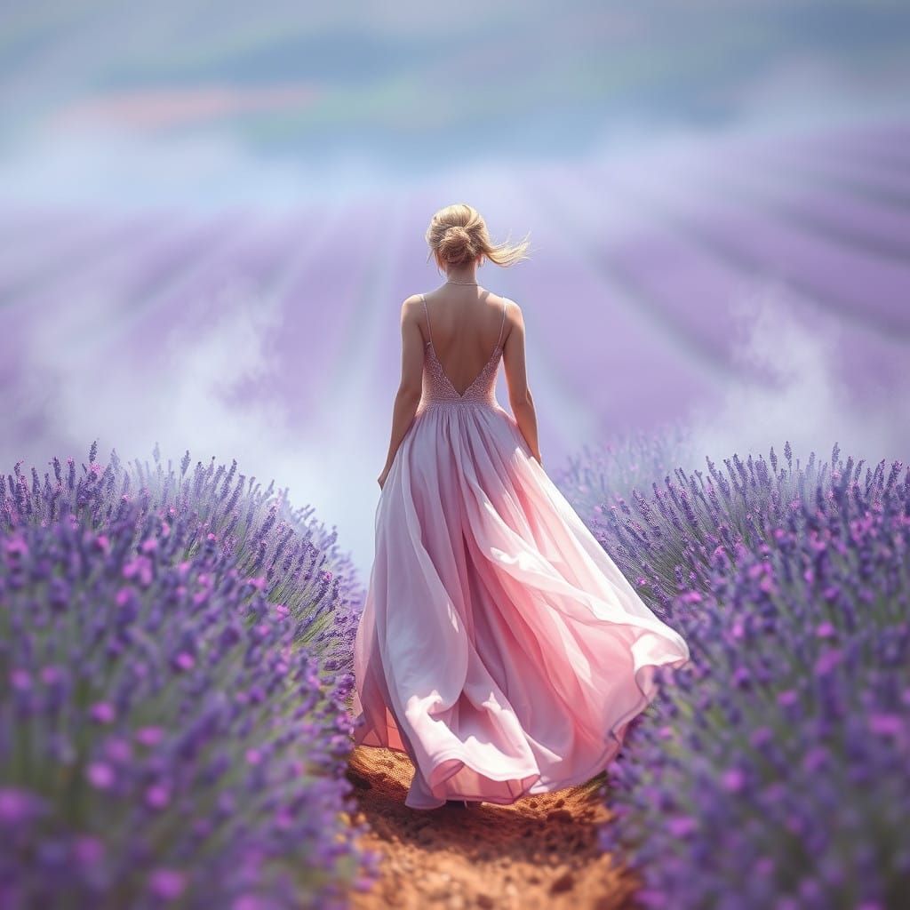 Ethereal Woman Strolls Through Lavender Fields