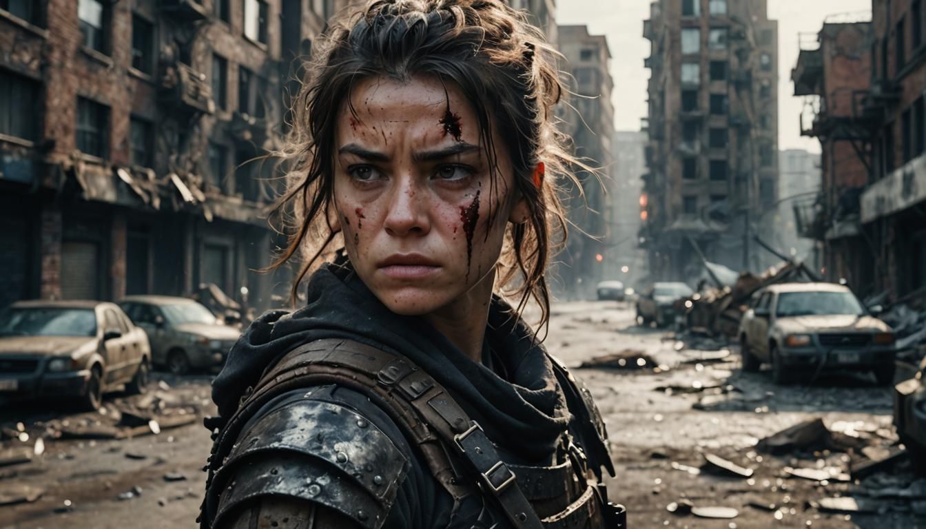 Determined Warrior in War-Torn Cityscape